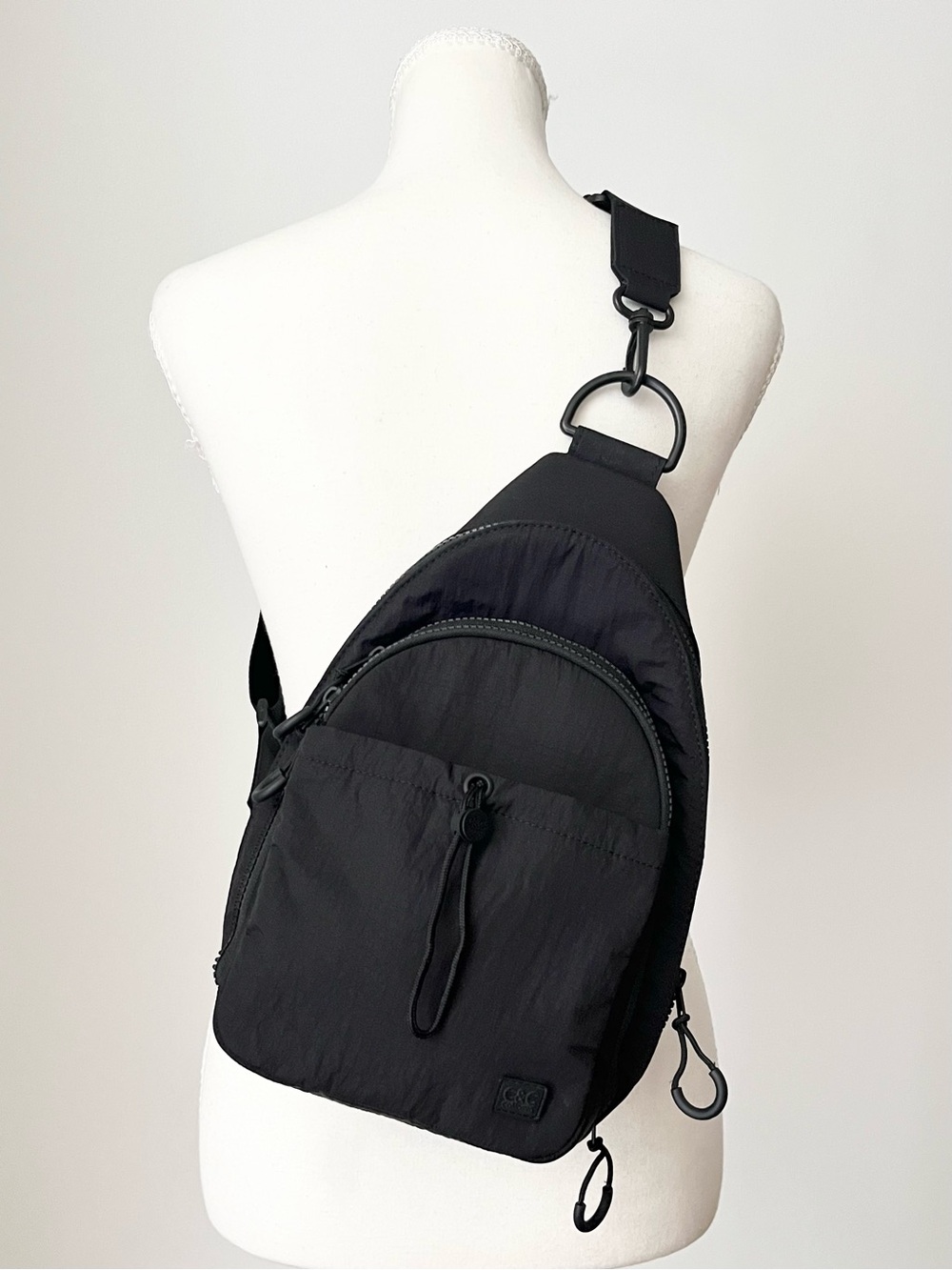 C&C California Black Nylon Crossbody Sling Bag Zipper Pockets Minimalist Travel
